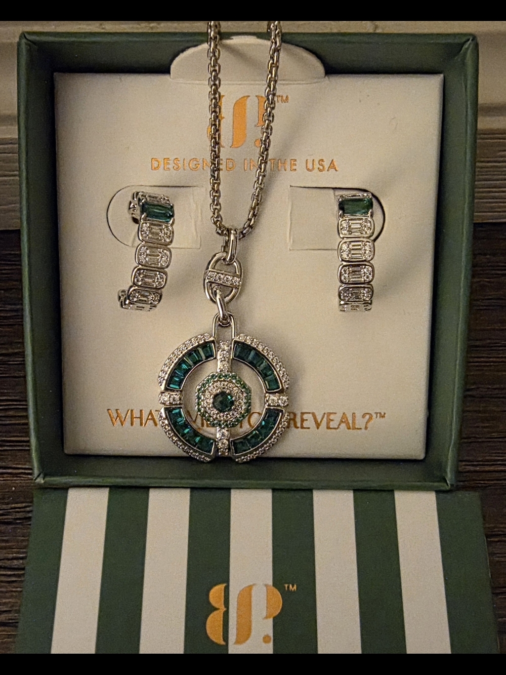 BP May 2026 Birthday Green and Silver Pendant Necklace & Earrings Set